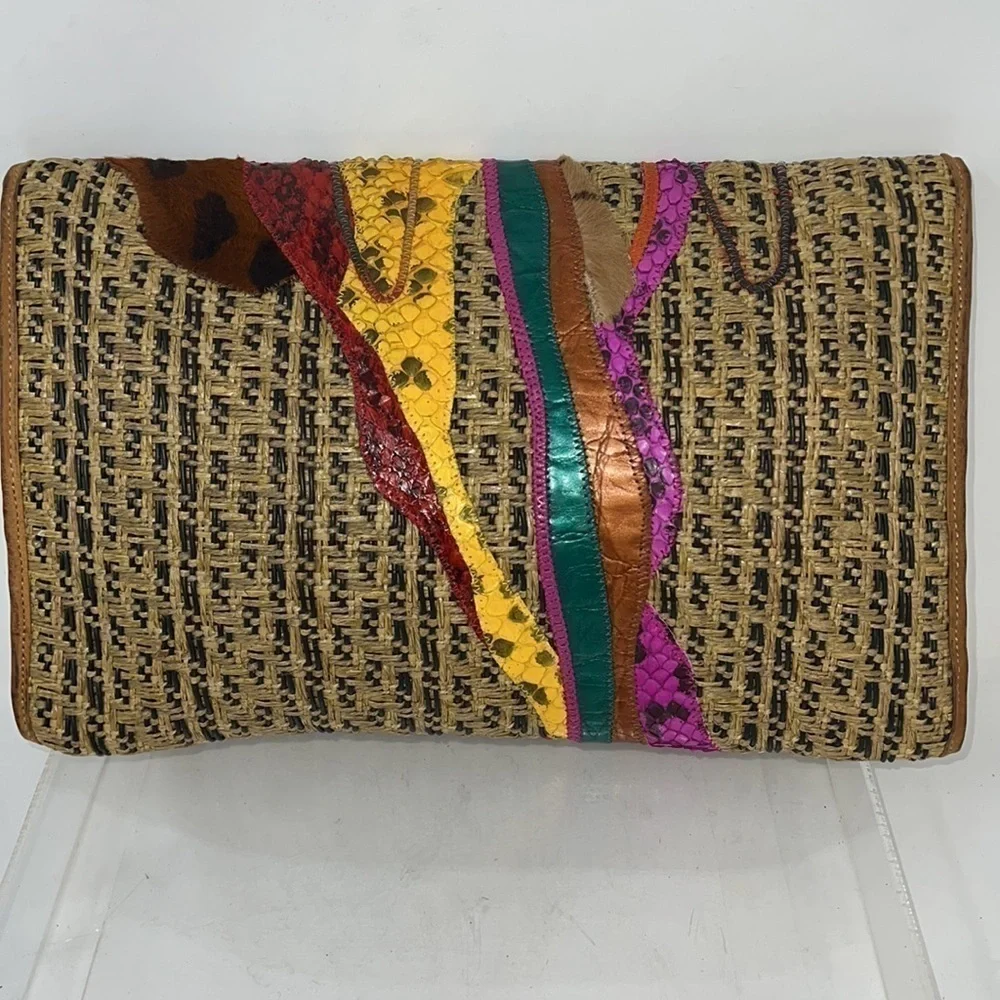 Carlos Falchi Woven Leather and Hemp and Exotic Patchwork of Skins Clutch Bag